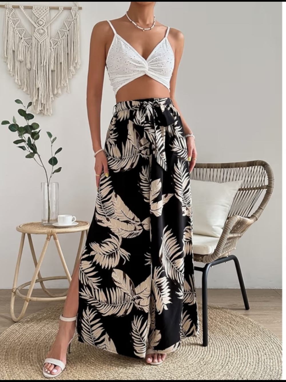 Black Wide Leg Palm Print Palazzo Pants